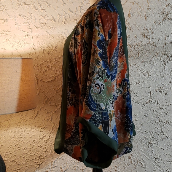 Kimono Green Panel Open Front Cardigan Coat Lounge Spa Tunic Top Boho Kawaii Art - Picture 4 of 5